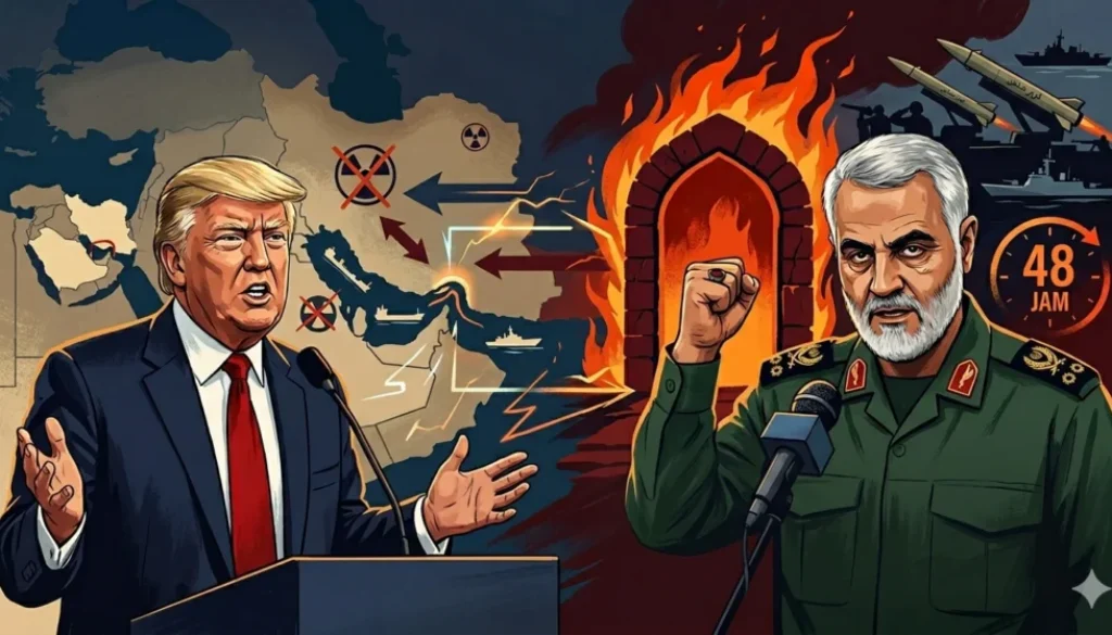 Iran balas ultimatum Trump soal Selat Hormuz dan nuklir dalam 48 jam. Komandan militer Iran ancam AS: pintu neraka terbuka jika serangan terus berlanjut.