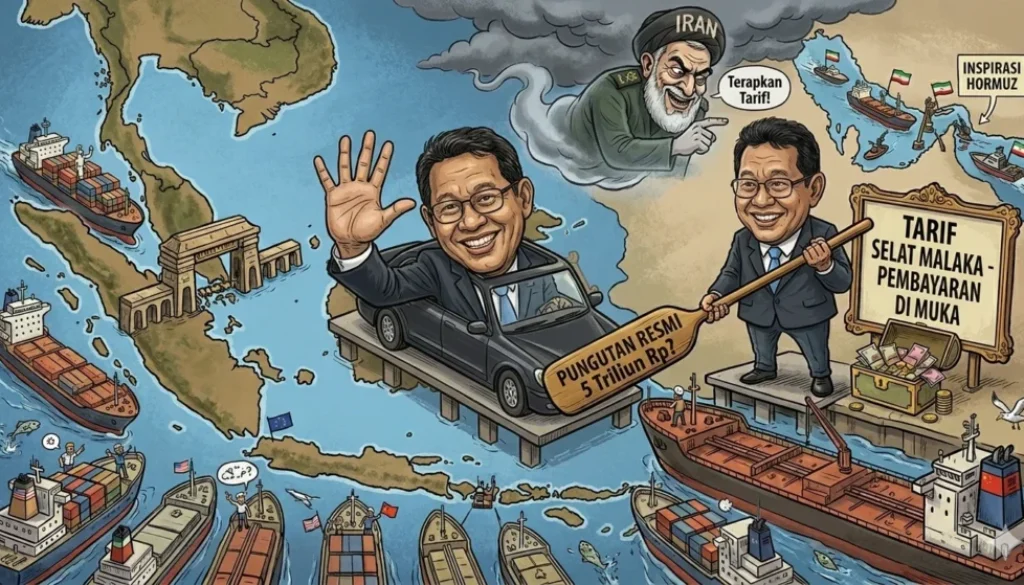 Wacana tarif kapal di Selat Malaka mencuat, terinspirasi skema Selat Hormuz. Ini dinilai sebagai potensi besar, tetapi butuh kesepakatan Malaysia & Singapura.