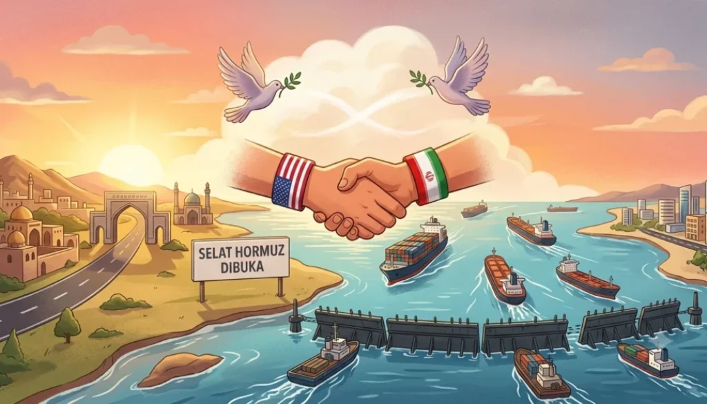 AS dan Iran mencapai kesepakatan damai untuk mengakhiri perang. Selat Hormuz akan dibuka kembali setelah penandatanganan perjanjian pada 19 Juni 2026.