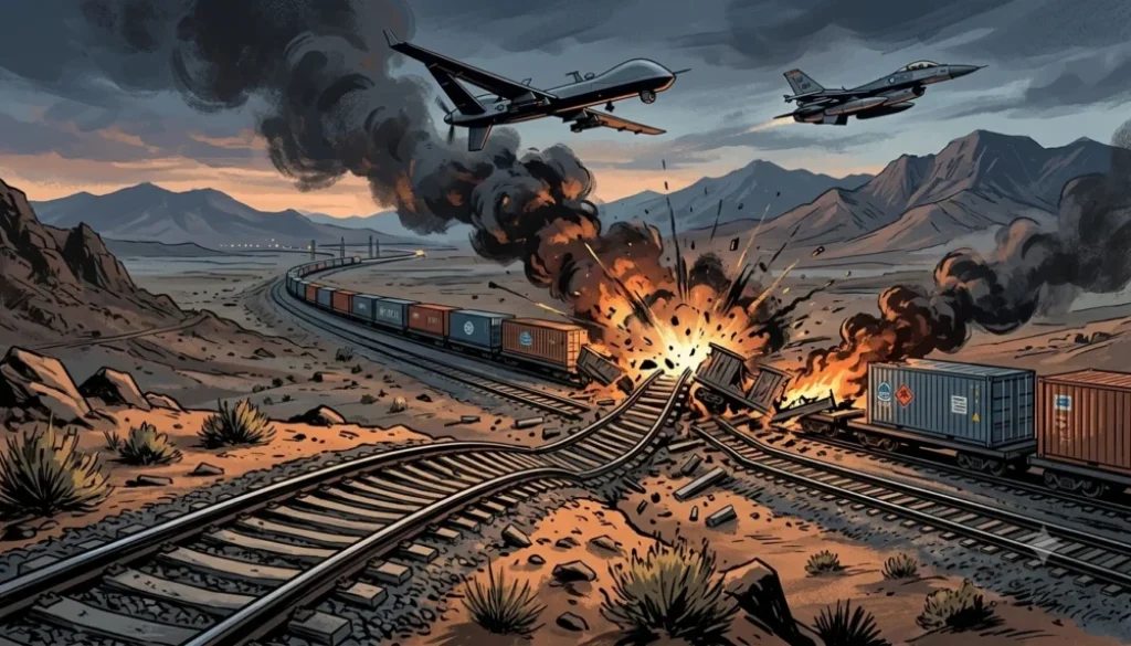Amerika Serikat menyerang jembatan kereta strategis di Iran utara yang terhubung ke China serta Rusia. Serangan memicu gangguan transportasi sementara.