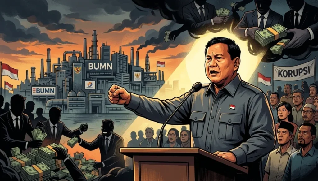 Presiden Prabowo menyatakan BUMN kerap menjadi sumber korupsi dan menegaskan akan melakukan penertiban. Ia juga meminta koruptor mengembalikan uang rakyat.